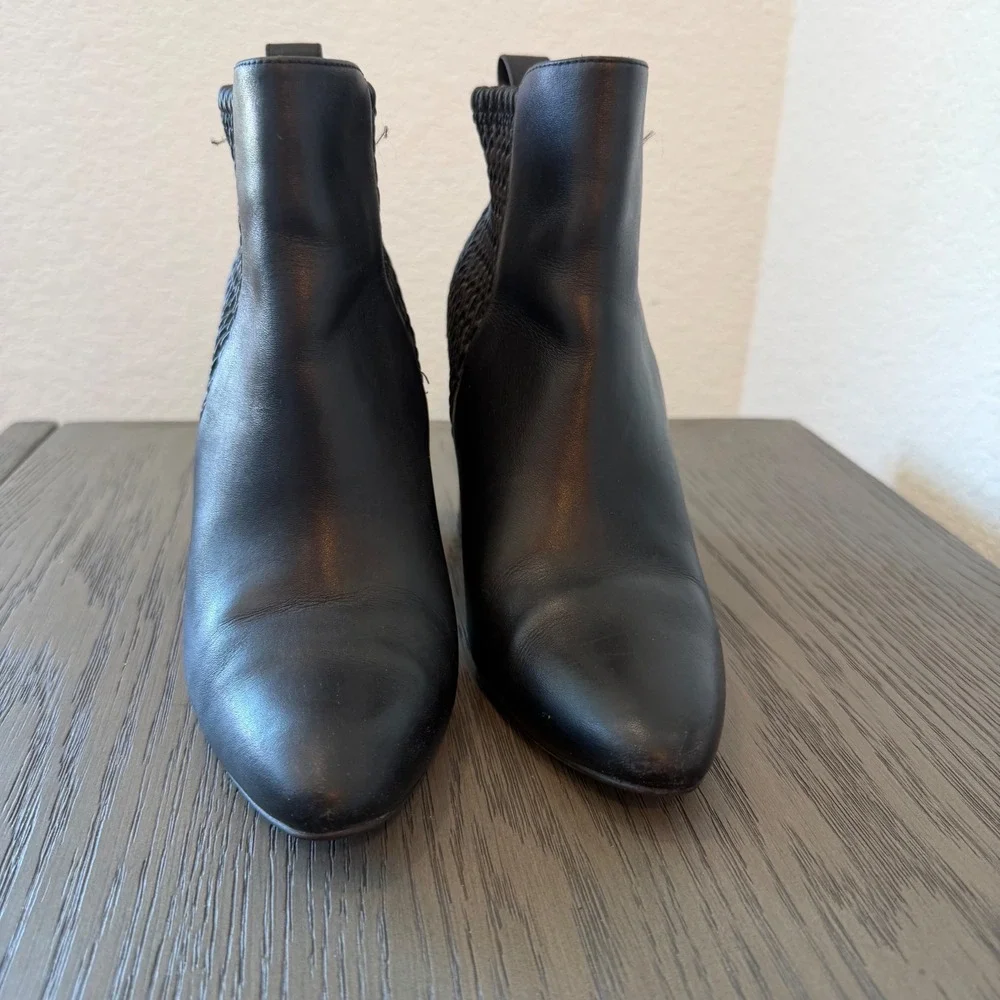 Cole Haan Grand.OS Black Leather Woven Mixed Media Block Heel Boots W08626‎ 6B